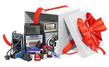 Hediye kutusu mutfak ve ev aletleri. Beyaz arka plan üzerinde izole 3d render