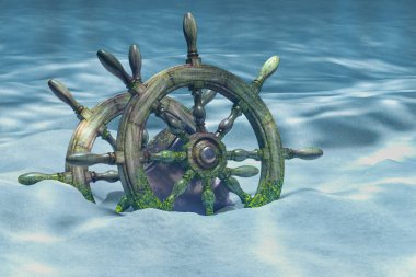 Ship's wheel or boat's wheel underwater. 3D rendering 