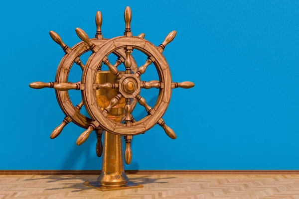 Ship\'s wheel or boat\'s wheel in room on the wooden floor, 3D rendering