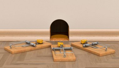 Mouse hole on the wall and mouse traps with cheese around, 3D rendering clipart