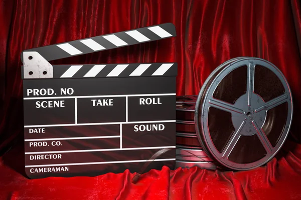 Conceito Cinema Clapperboard Com Bobinas Filme Tecido Vermelho Renderização — Fotografia de Stock