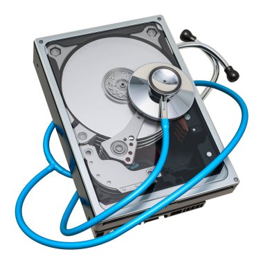Kurtarma ve onarım Hdd. Sabit Disk sürücüsü stetoskop, beyaz arka plan üzerinde izole 3d render ile