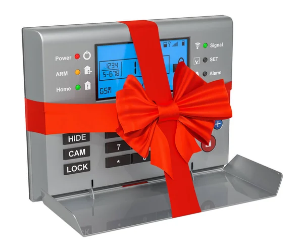 Home security alarm system with bow and ribbon, gift concept. 3D rendering