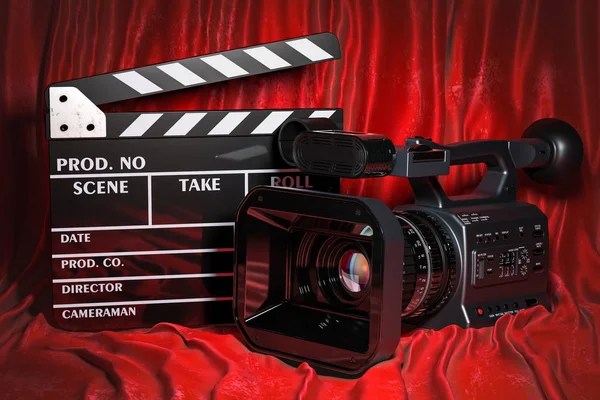 Cinema Concept Movie Camera Clapperboard Red Fabric Rendering — Stock Photo, Image