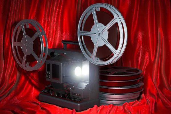 Conceito Cinema Projetor Cinema Com Bobinas Filme Tecido Vermelho Renderização — Fotografia de Stock