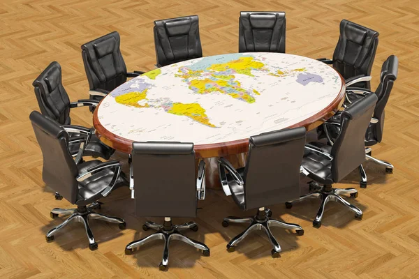 Global political meeting concept. Round table with political map of Earth and armchairs around, 3D rendering
