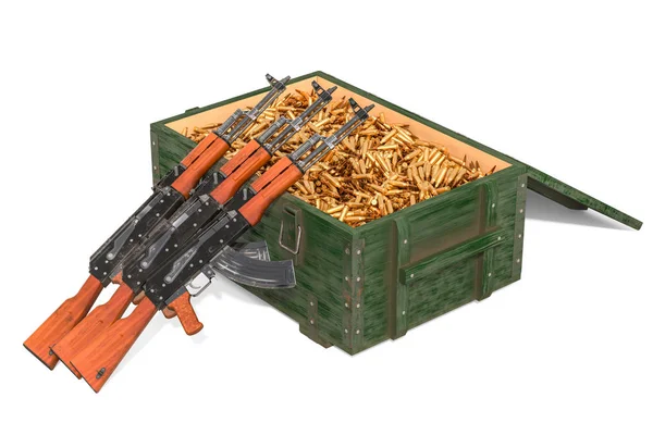 Assault Rifles Military Wooden Ammunition Box Full Rifle Bullets Rendering — Stock Photo, Image