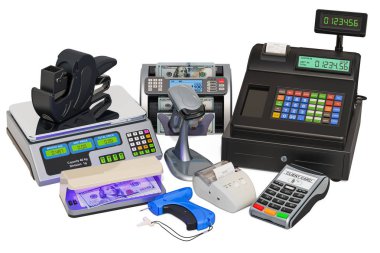 POS cihazları. Yazar kasa, alış irsaliyesi yazıcı, barkod okuyucu, Pos-terminal, para sayma makinesi, fiyat etiketi silah, etiket silah ve dedektör banknotlar. 3d render üzerinde beyaz adam izole