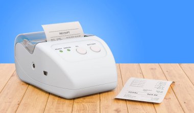 POS alış irsaliyesi yazıcıda ahşap masa, 3d render
