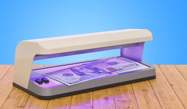 Currency detector, detector banknotes on the wooden table. 3D rendering