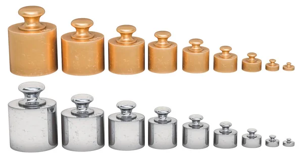 Set Calibration Weights Brass Stainless Steel Rendering Isolated White Background — Stock Photo, Image