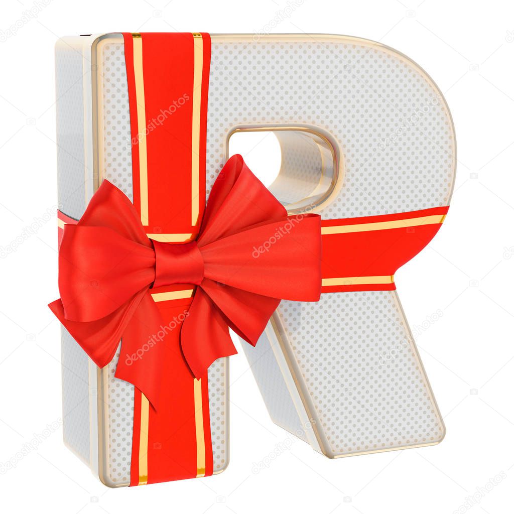 Letter R, gift box shaped of a letter R with red ribbon bow. 3D rendering isolated on white backgroun