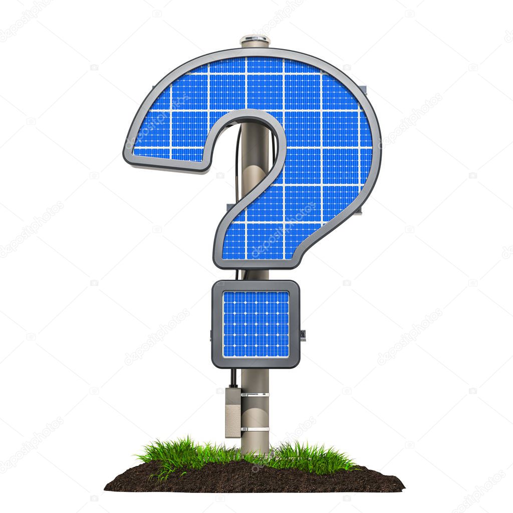 Solar panel in shaped of question mark, 3D rendering isolated on white background