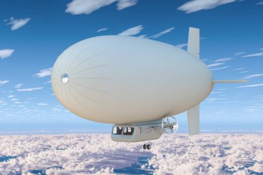 Zeplin veya zeplin balon bulutların üstünde mavi gökyüzünde. 3D render