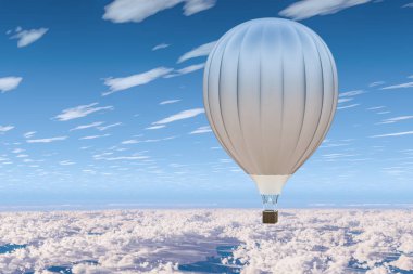 Sıcak hava balonu, aerostat bulutların üstünde mavi gökyüzünde. 3D render
