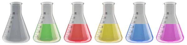 Aantal Chemische Kolven Met Gekleurde Vloeistof Rendering Geïsoleerd Witte Achtergrond — Stockfoto