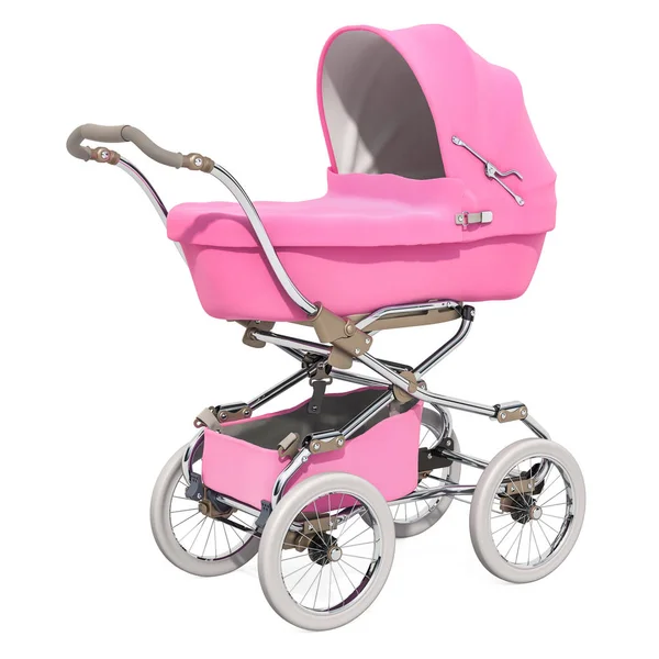ピンクの赤ちゃん乳母車またはベビーカー 白い背景で隔離 レンダリング — ストック写真