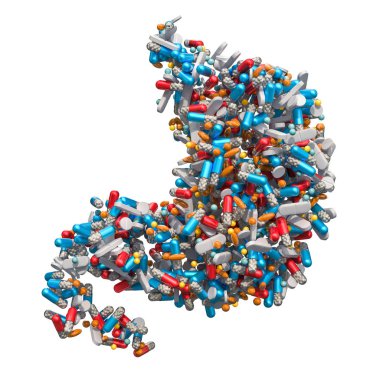 Mide ilacı hap, kapsül, tablet. Tedaviler ve ilaçlar mide hastalığı kavramı, beyaz arka plan üzerinde izole 3d render için