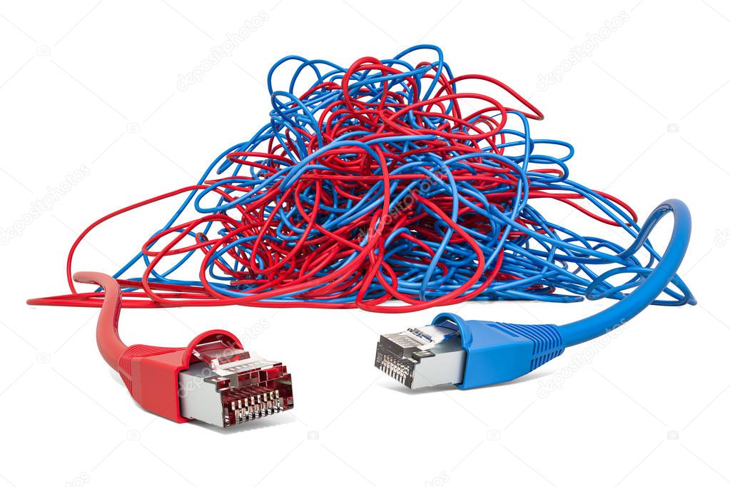 Two lan cables in tangled skein. 3D rendering isolated on white background