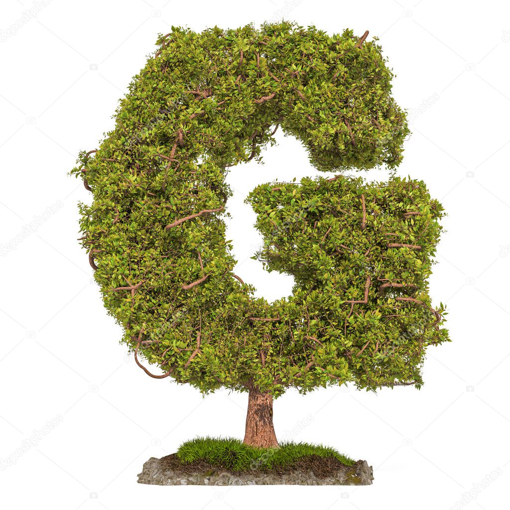 Tree letter G. Tree in shaped of letter G, 3D rendering isolated on white background