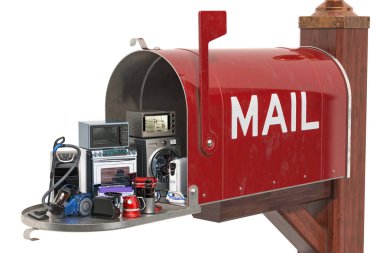 Aletleri ve elektronik teslimat kavramı. Ev ve mutfak aletleri, beyaz arka plan üzerinde izole 3d render ile posta kutusu