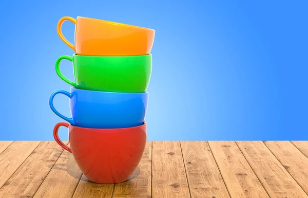 Stack Colorful Cups Wooden Table Rendering — Stock Photo, Image