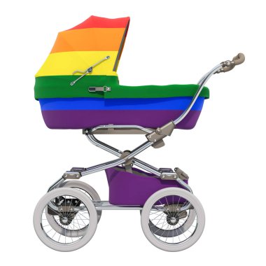 Gökkuşağı homoseksüel bayrağı ile bebek arabası. LGBT evlat edinme kavramı, 3d render