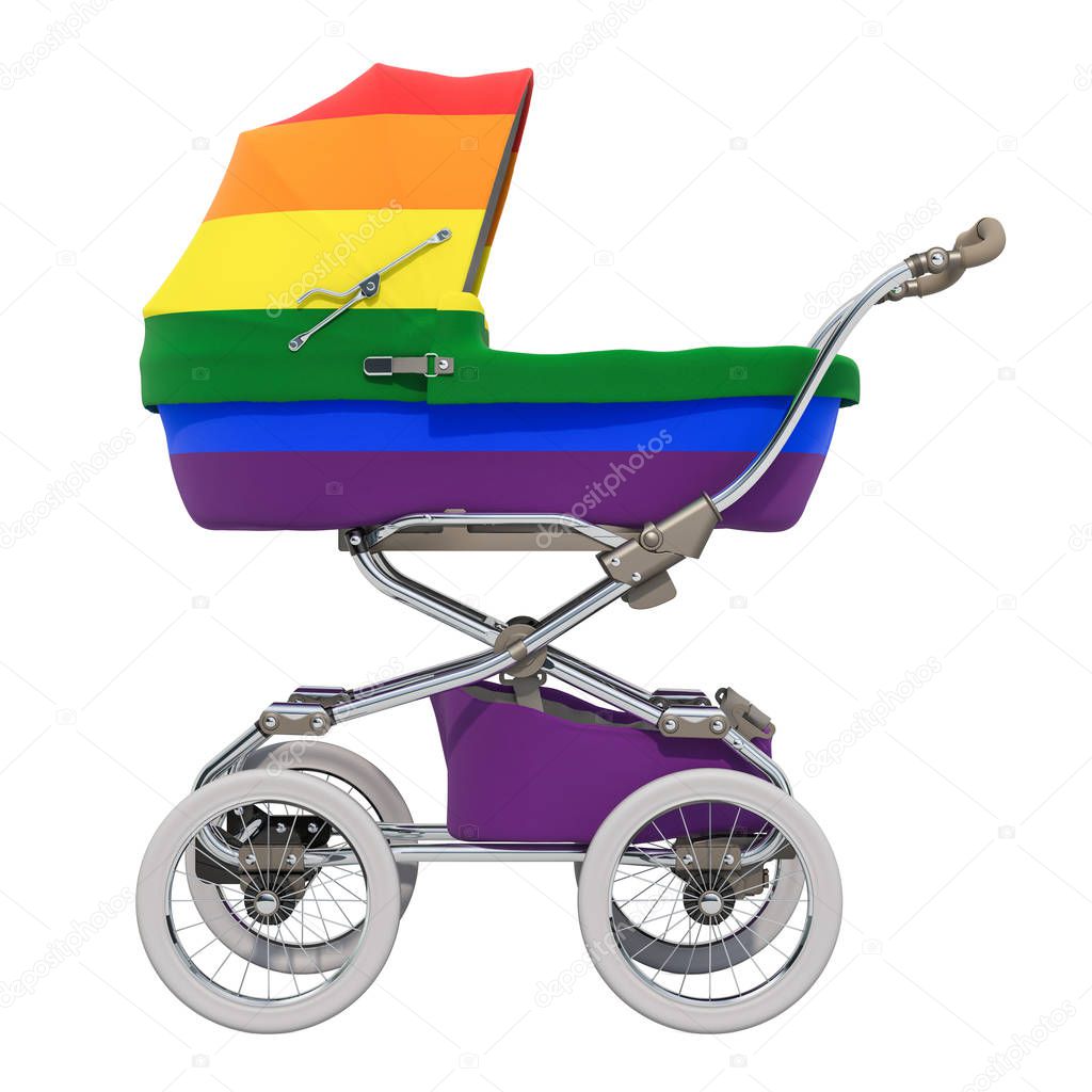 Baby stroller with rainbow gay flag. LGBT adoption concept,3D rendering