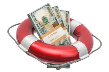 Lifebuoy doları paketleri ile. Mali korumak ve güvenlik kavramı. Beyaz arka plan üzerinde izole 3d render