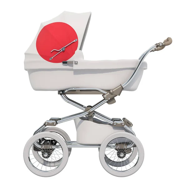 Baby stroller with Japanese flag texture, 3D rendering isolated on white background