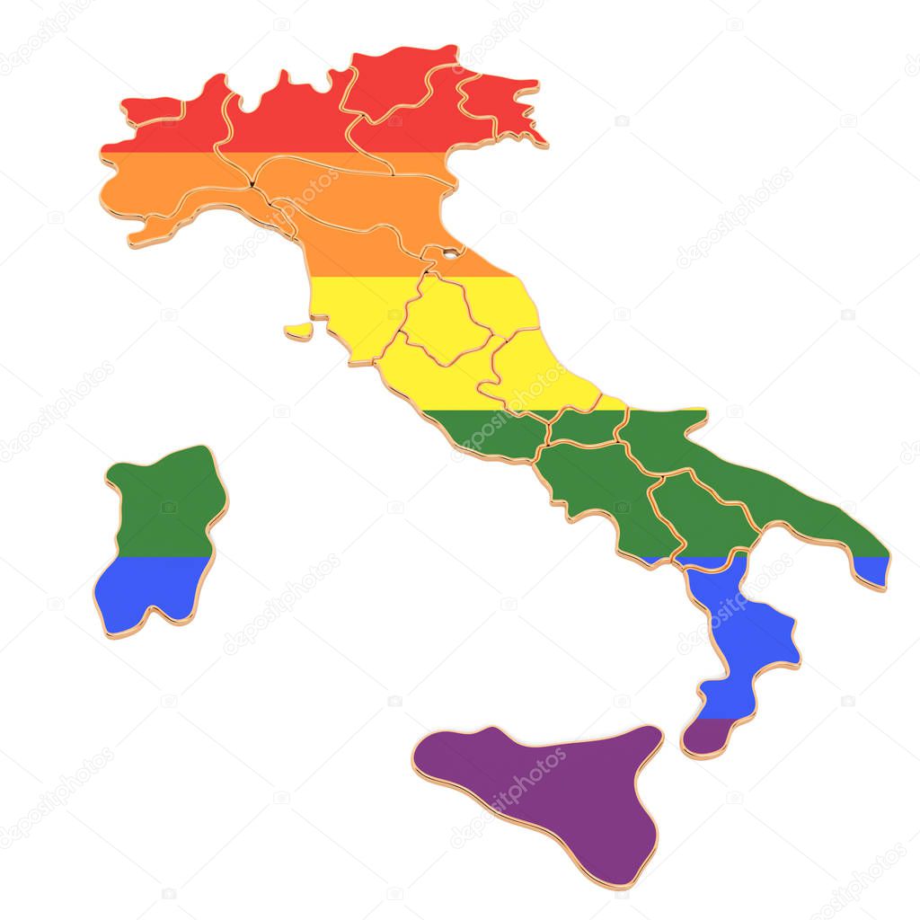 Italian map with LGBT flag, 3D rendering