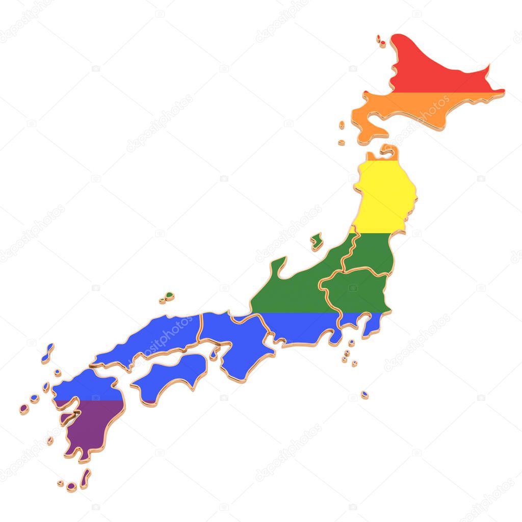 Japanese map with LGBT flag, 3D rendering