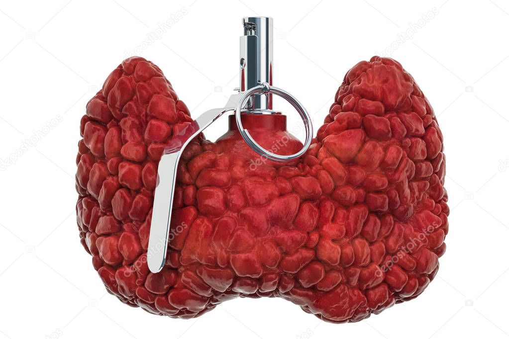 Thyroid Disease concept. Human thyroid as hand grenade. 3D rendering  isolated on white background