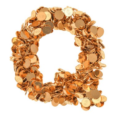 Alfabe harf Q, altın dolar paralar. Beyaz arka plan üzerinde izole 3d render