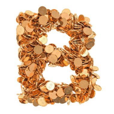 Alfabe mektup B, altın dolar paralar. Beyaz arka plan üzerinde izole 3d render