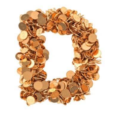 Alfabe harf D, altın dolar paralar. Beyaz arka plan üzerinde izole 3d render