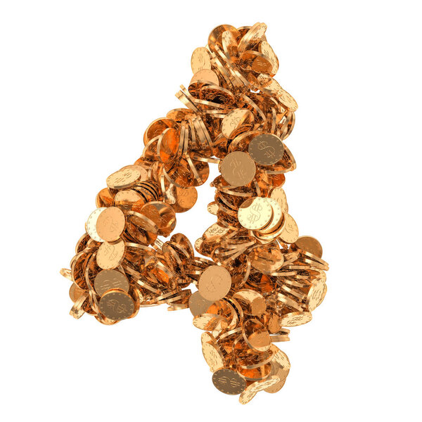 Номер 4, из золотых монет. 3D рендеринг изолирован на белом фоне
