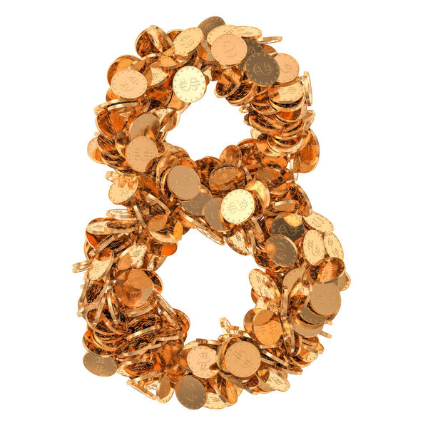Номер 8, из золотых монет. 3D рендеринг изолирован на белом фоне
