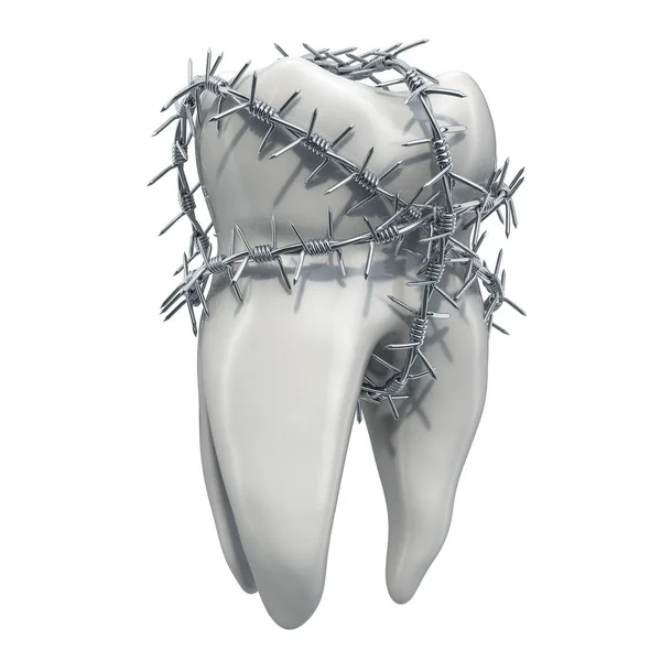 Kiespijn Concept Tooth Met Prikkeldraad Rendering Geïsoleerd Witte Achtergrond — Stockfoto