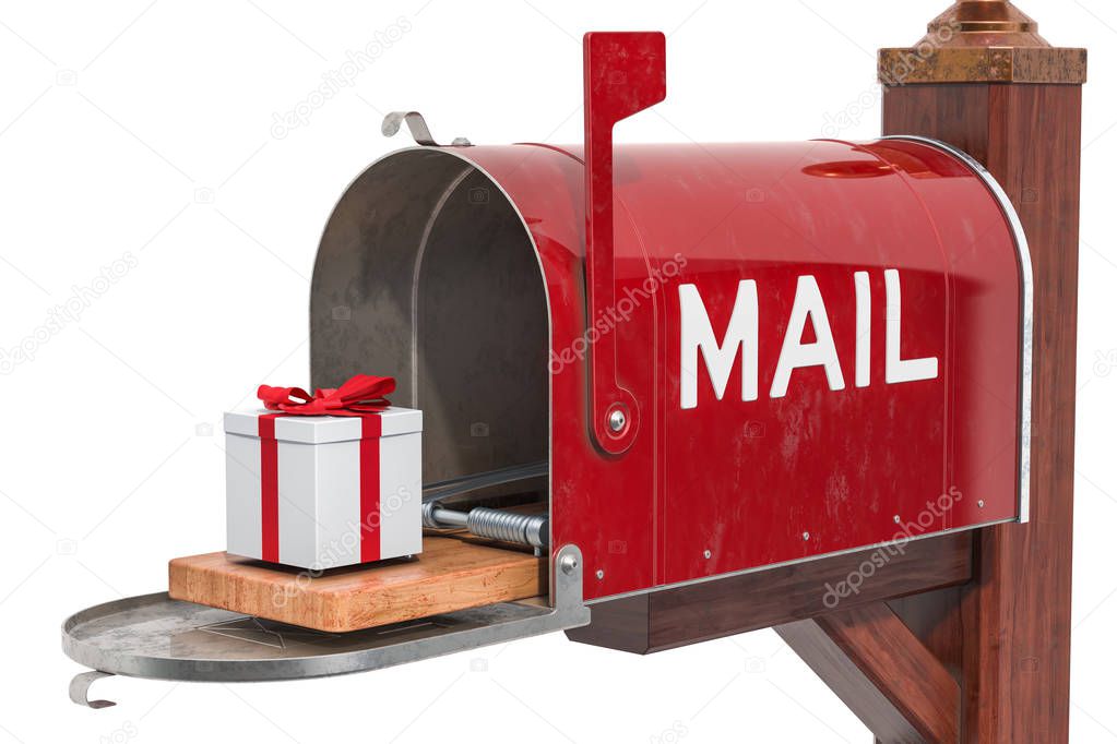 Mailbox and mousetrap with gift box inside, 3D rendering isolated on white background