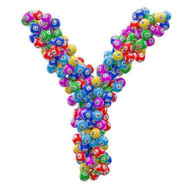 Alfabe harf Y, piyango topları. Beyaz arka plan üzerinde izole 3d render