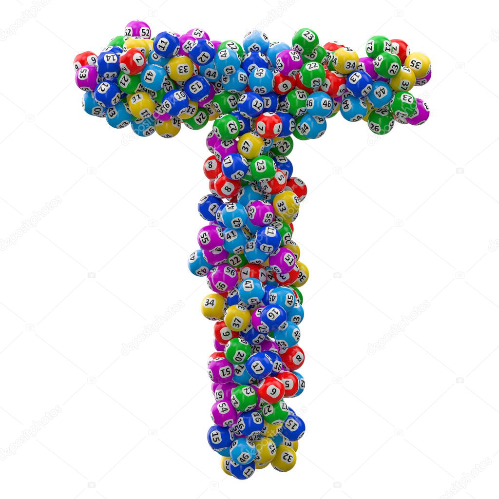 Alphabet letter T, from lottery balls. 3D rendering isolated on white background