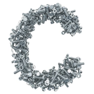 Alfabe mektup C cıvata, somun ve pullar. Beyaz arka plan üzerinde izole 3d render