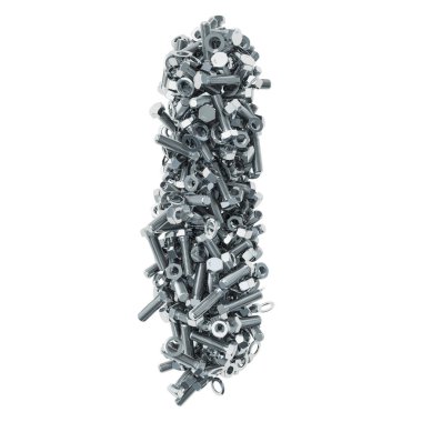 Alfabe harf ı cıvata, somun ve pullar. Beyaz arka plan üzerinde izole 3d render