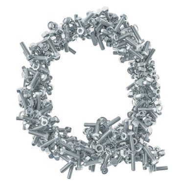 Alfabe harf Q dan cıvata, somun ve pullar. Beyaz arka plan üzerinde izole 3d render