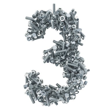 3 numaralı civata, somun ve pullar. Beyaz arka plan üzerinde izole 3d render