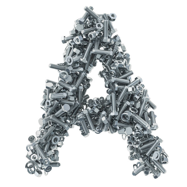Alphabet letter A from bolts, nuts and washers. 3D rendering isolated on white background
