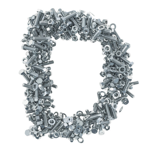 Alphabet letter D from bolts, nuts and washers. 3D rendering isolated on white background
