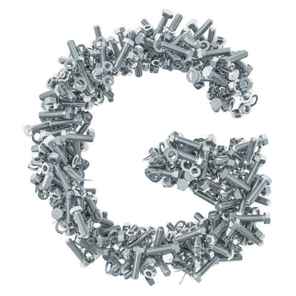 Alphabet letter G from bolts, nuts and washers. 3D rendering isolated on white background