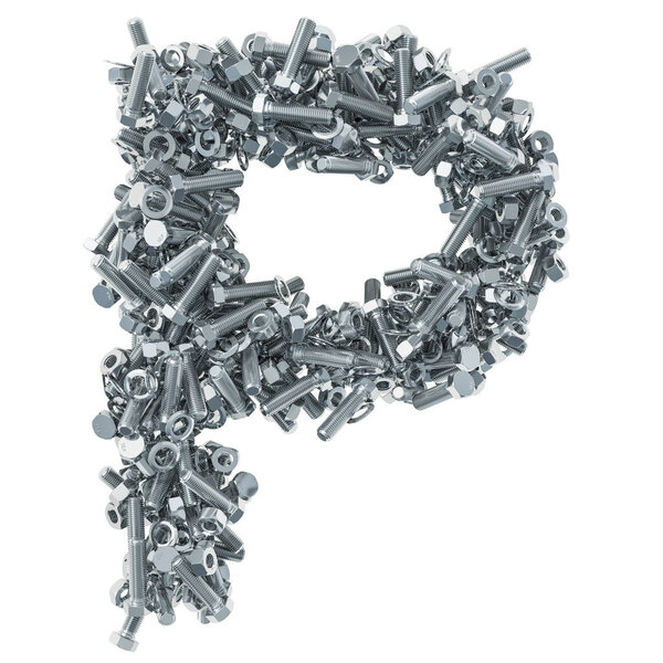 Alphabet letter P from bolts, nuts and washers. 3D rendering isolated on white background